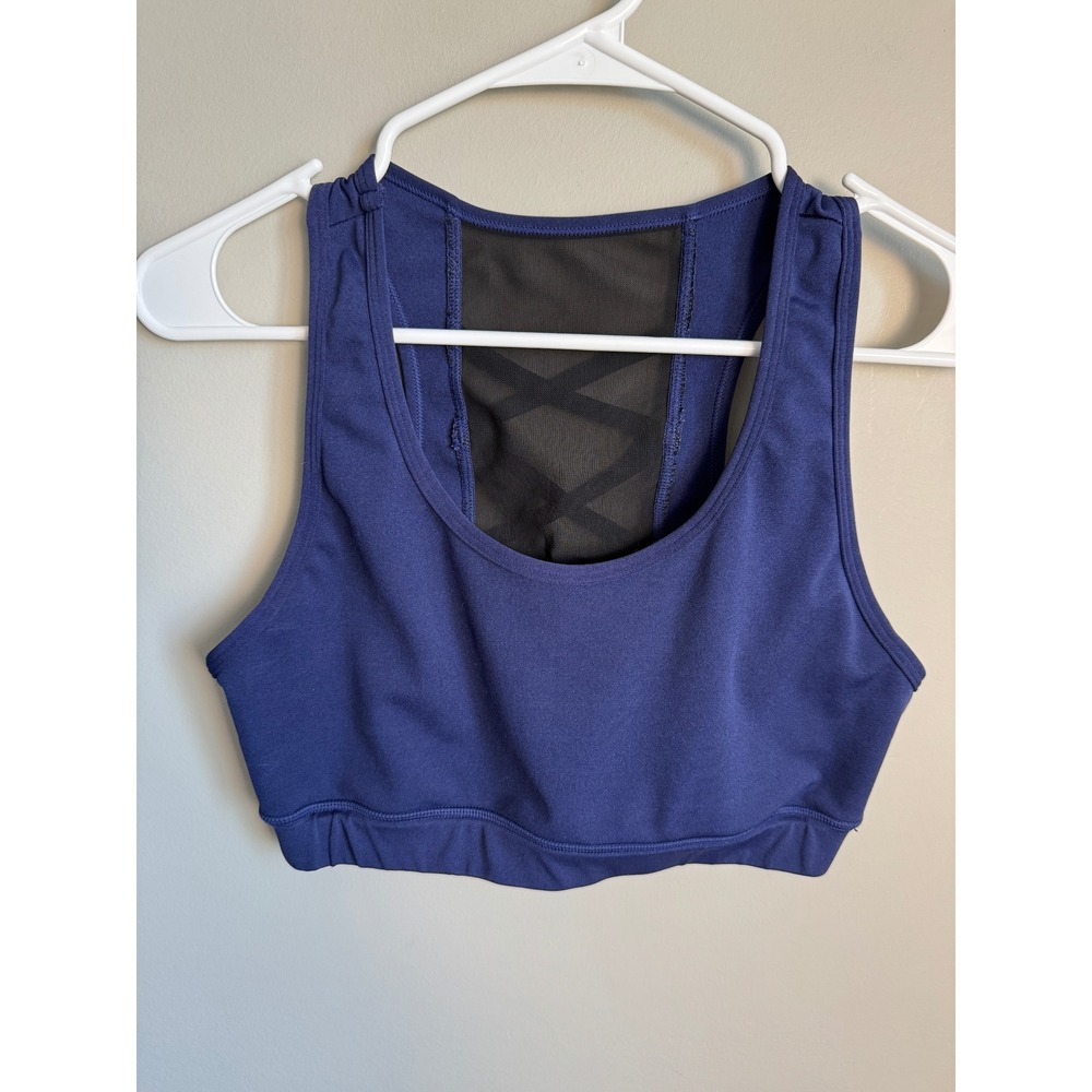 POP FIT Sports Bra L Crisscross Mesh Back Activewear Navy Blue Athleisure Yoga